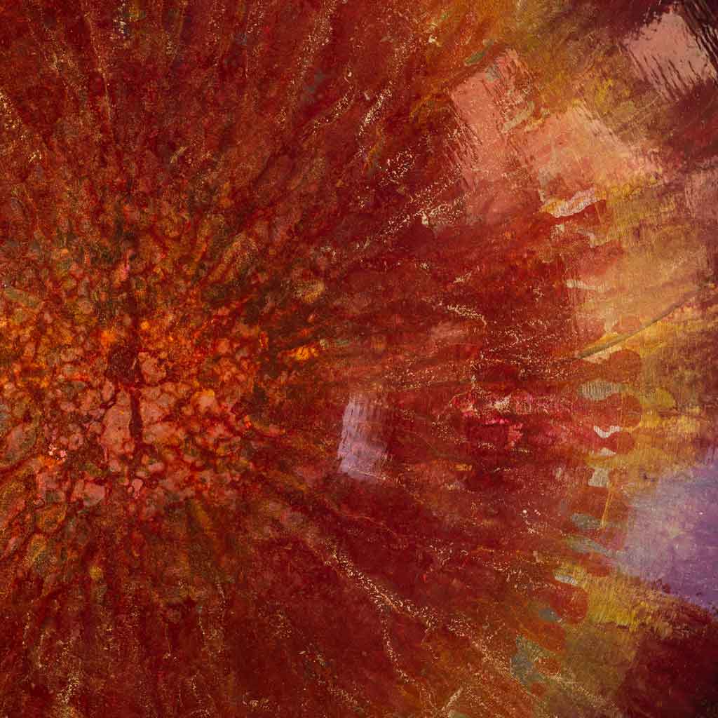 detail view of hand painted red bowl wall sculpture