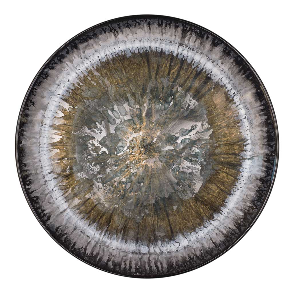 gold and black round tabletop sculpture