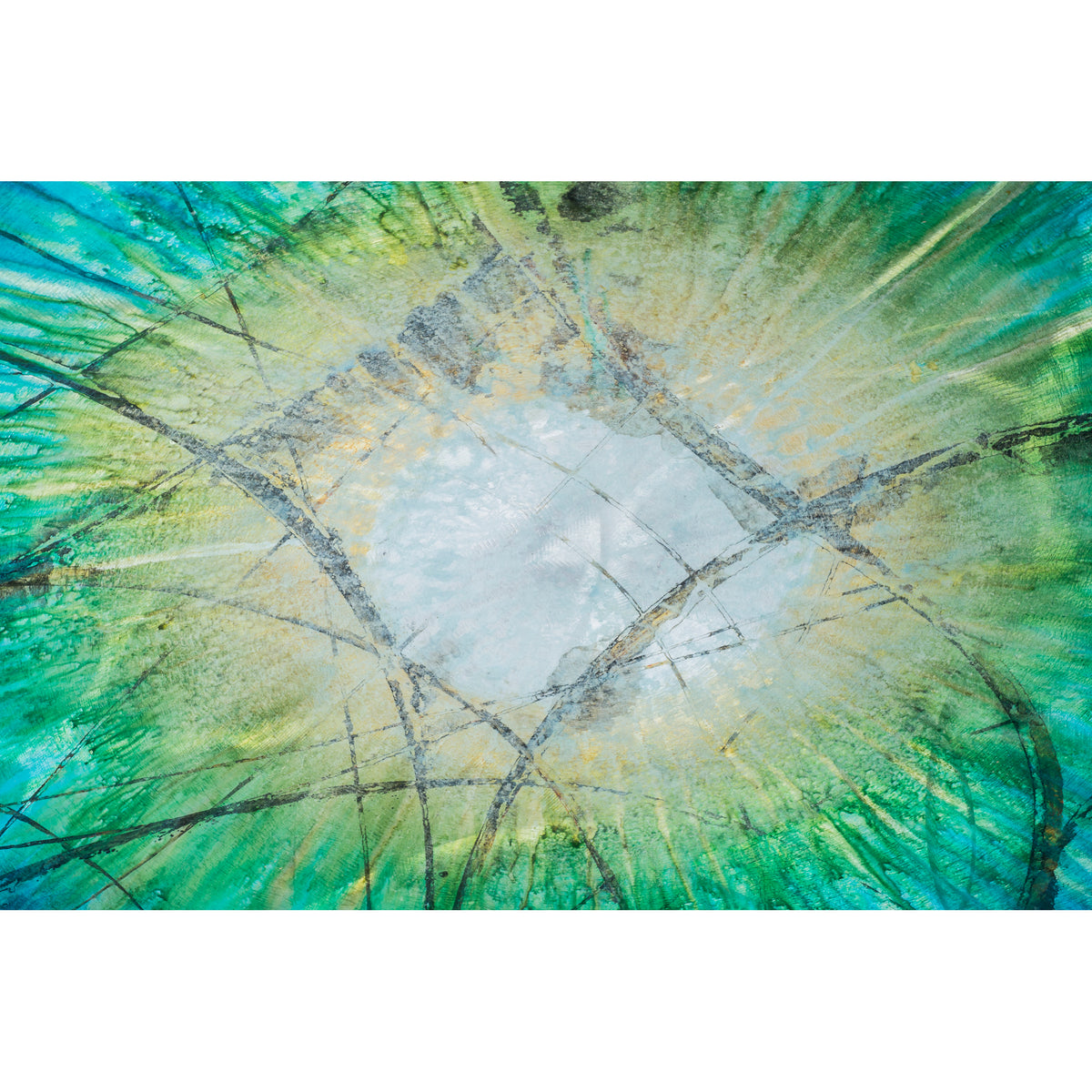 Detail view of Skidd Studio&#39;s glass like metal wall art