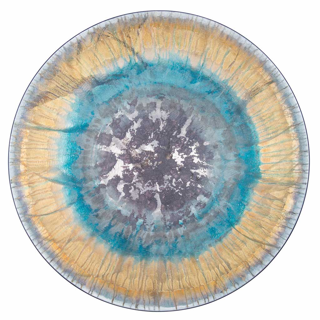 circular metal art in gold yellow and aqua